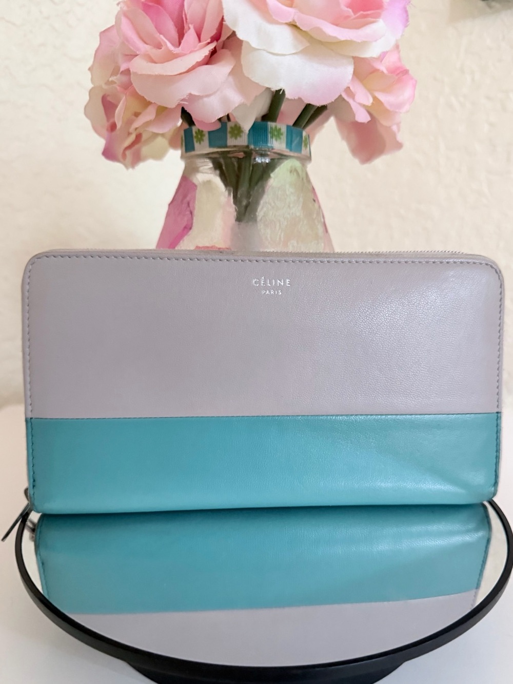 Céline Solo Large Zipped Multifunction Wallet Clutch Handbag Gray & Tiffany Blue